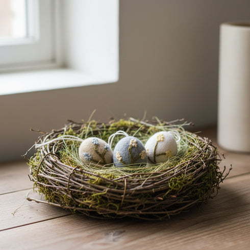 Gry&Sif Ägg med ljung - 3er Set im Nest (3cm)